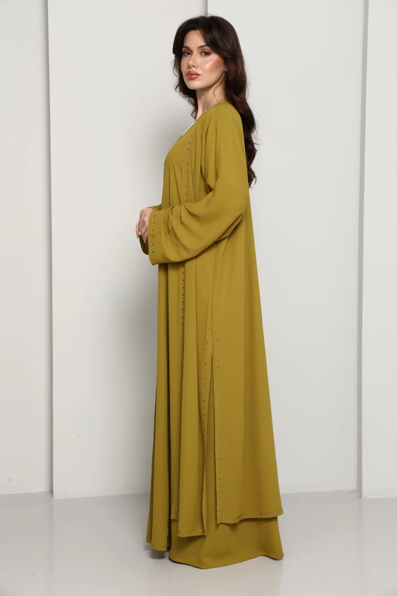 MSquare Fashion Olive Mustard Open Abaya with Subtle Stud Embellishment