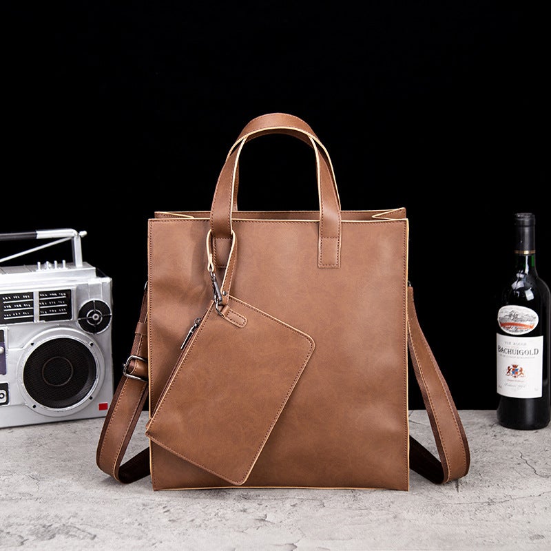 Crazy Horse Leather Shoulder Bag Multi-functional Handbag Large Capacity Retro Leather Crossbody Bag Mens Tote Bag Brown