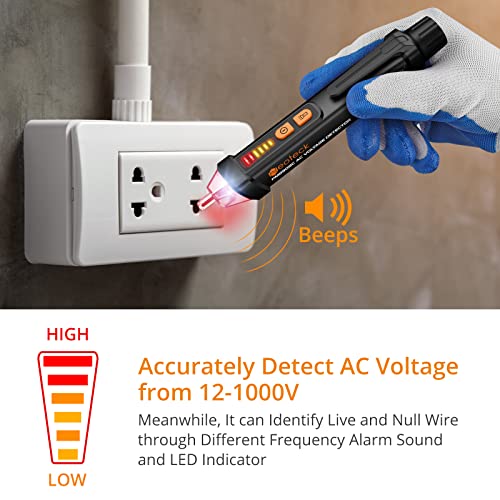 Neoteck 12-1000V AC Non-Contact Voltage Tester Detector with Led Flashlight Buzzer Alarm Live/Null Wire Judgment- Black - Image 2
