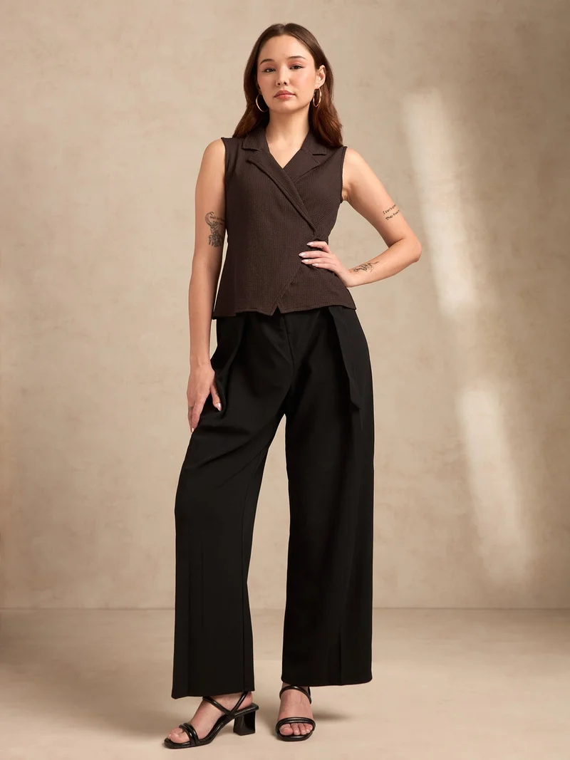أوجيدر Brown Sleeveless Blazer Top With Wrap Tie Up