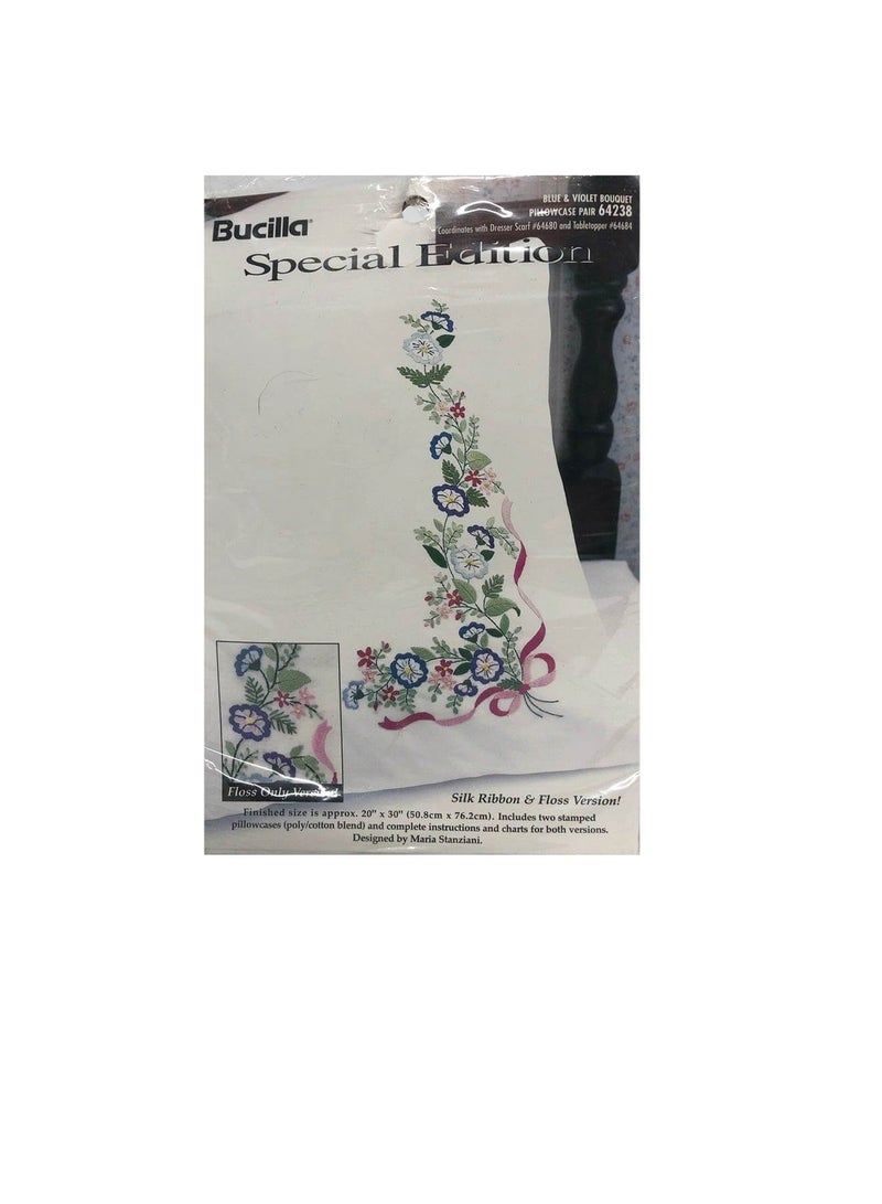 Bucilla Stamped Embroidery Pillowcase Pair 20in x 30in Blue & Violet Bouquet - Image 1