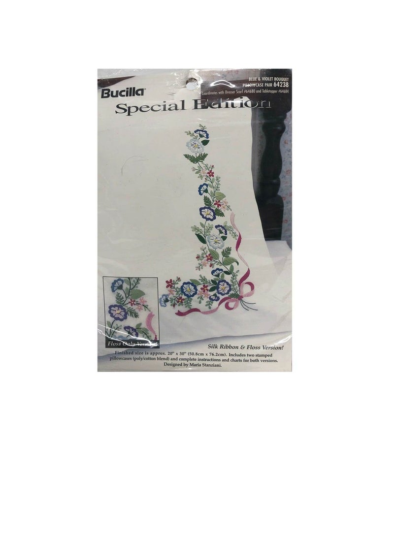 Bucilla Stamped Embroidery Pillowcase Pair 20in x 30in Blue & Violet Bouquet - Image 3