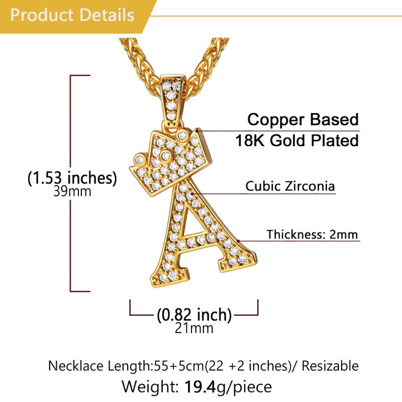 U7 Initial Necklaces for Women Men 18K Gold Plated CZ Inlaid Name Style Jewelry Hip Hop Crown Kindom Pendant with Chain 22 Inch Letter A Necklace - Image 5