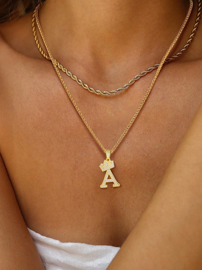 U7 Initial Necklaces for Women Men 18K Gold Plated CZ Inlaid Name Style Jewelry Hip Hop Crown Kindom Pendant with Chain 22 Inch Letter A Necklace - Image 3
