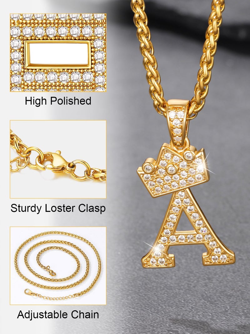 U7 Initial Necklaces for Women Men 18K Gold Plated CZ Inlaid Name Style Jewelry Hip Hop Crown Kindom Pendant with Chain 22 Inch Letter A Necklace - Image 4