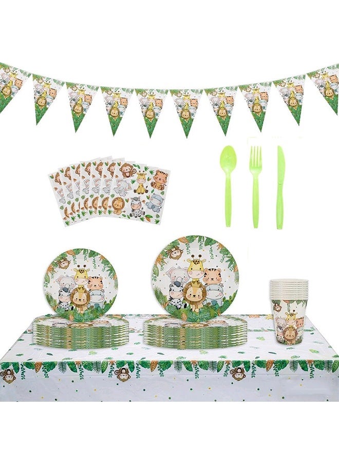 Jungle Safari Theme 9-Pcs Set - Animal Birthday Decor  10 Guests (Tablecloth Banner Plates Cups Napkins) - Image 1