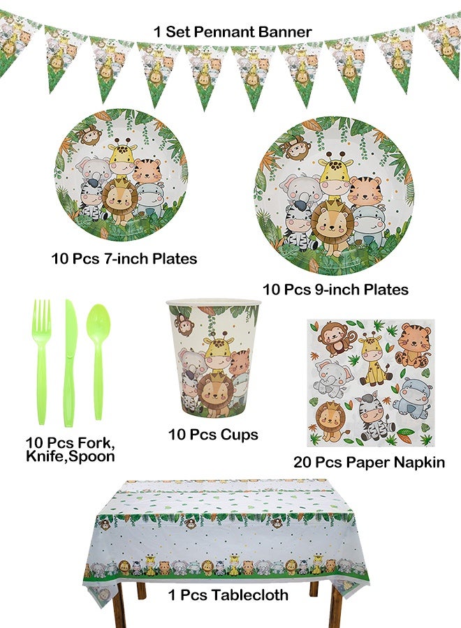 Jungle Safari Theme 9-Pcs Set - Animal Birthday Decor  10 Guests (Tablecloth Banner Plates Cups Napkins) - Image 2