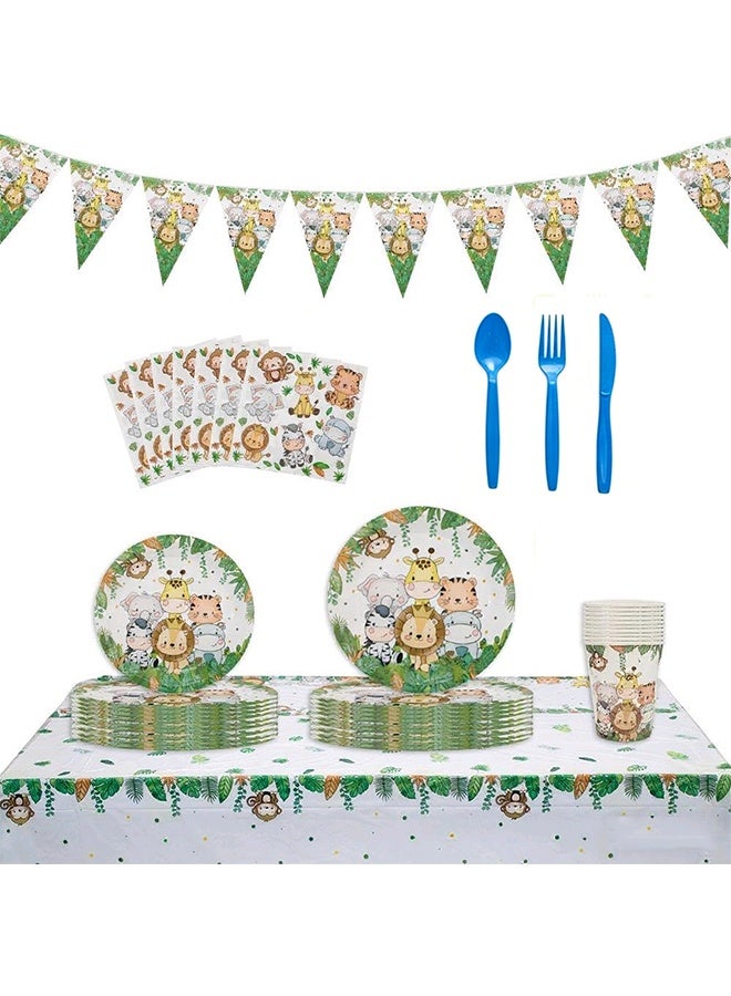 Jungle Safari Theme 9-Pcs Set - Animal Birthday Decor  10 Guests (Tablecloth Banner Plates Cups Napkins) - Image 1