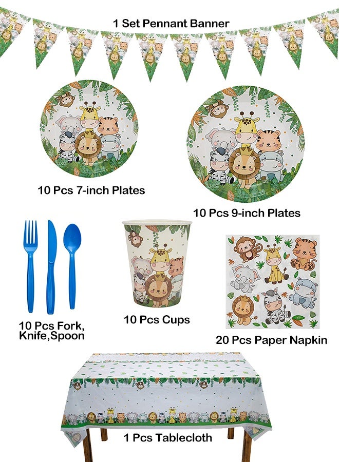 Jungle Safari Theme 9-Pcs Set - Animal Birthday Decor  10 Guests (Tablecloth Banner Plates Cups Napkins) - Image 2
