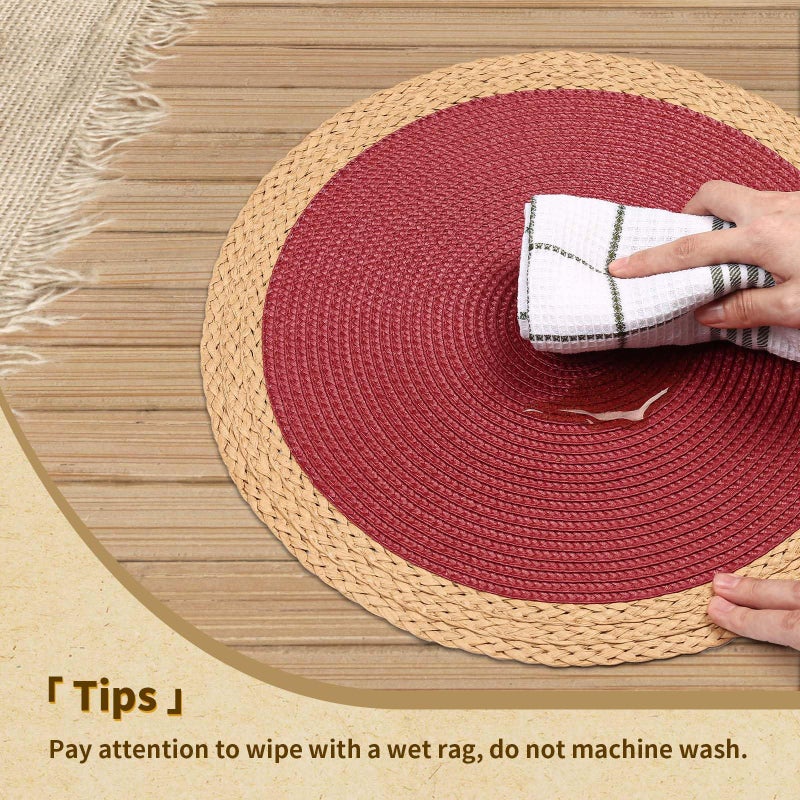 Noctiflorous Round Braided Placemats Set of 6 Table Mats 15 Inches Washable Heat Resistant for Dining Table Non-Slip Indoor Outdoor Place Mats for Thanksgiving Christmas Easter(Red Wide Edge 6) - Image 4
