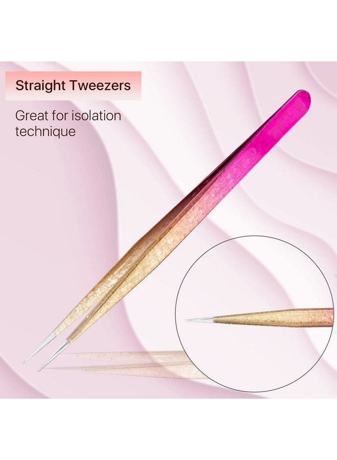 Miuffue Straight Eyelash Extension Tweezers Gold Pink Gradient Ice Crack Precision Lash Extension Isolation Tweezers For Grafting Eyelash Extension - Image 2