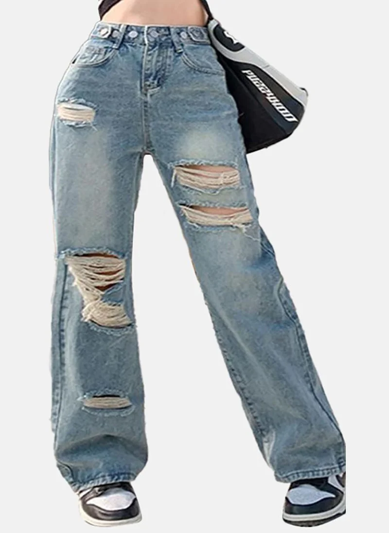 يونيكي Blue Solid Mid Rise Straight Fit Straight Jeans