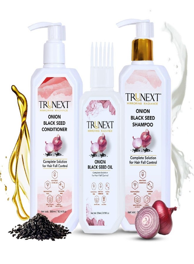Trunext Onion Black Seed Hair Fall Control Shampoo for Complete Solution - 300ml, Hair Conditioner for Women - 300ml, Hair Oil original Healthy & Strong Hair - 200ml Men & Women (Combo Pack of 3) - Image 1