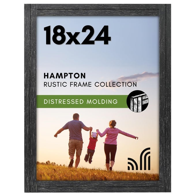 18X24 POSTER FRAME WITH POLISHED PLEXIGLASS HAMPTON COLLECTION DISTRESSED WOOD PICTURE FRAMES FOR VERTICAL OR HORIZONTAL WALL DISPLAY CHARCOAL BLACK