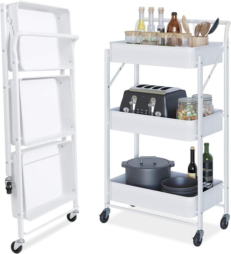 Genaric Multibao 3 Tier Metal Folding Trolley Cart with Handles Storage Rack Rolling Shelf Beauty Office Wheels for Living Room, Laundry, Bedroom (White 3-Tier-Folding)