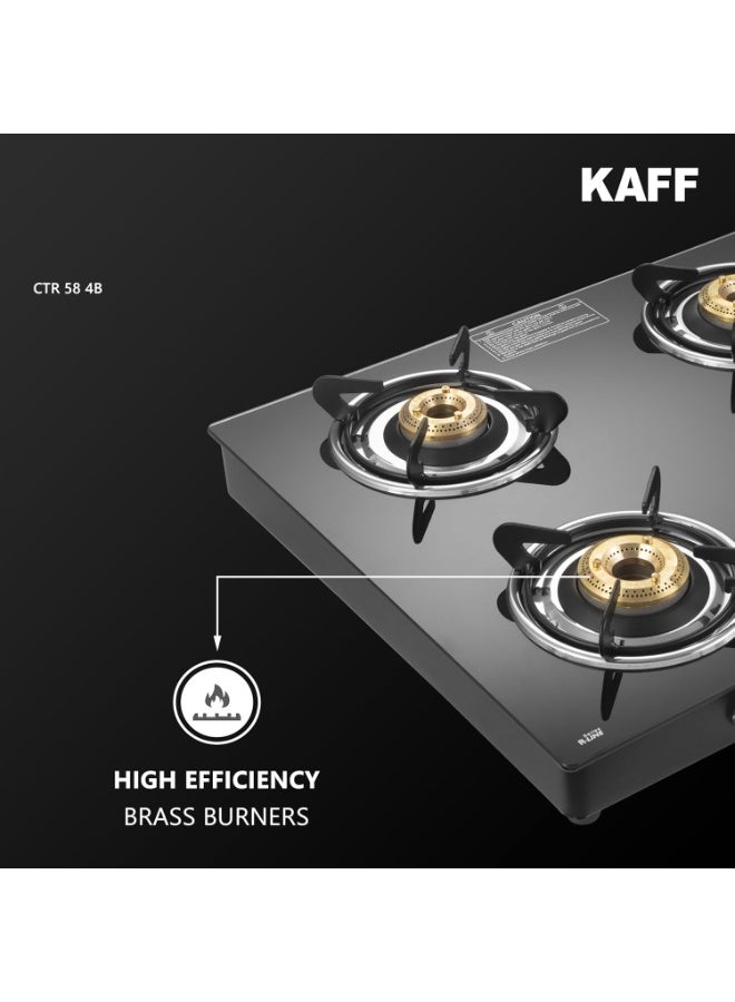 KAFF Cooktop | 4 Burners with Slim Line Design 58 CM | High Efficiency Brass Burners, Black Tempered Glass | Matt Enamelled Pan Support | Black | CTR58-4B - Image 2