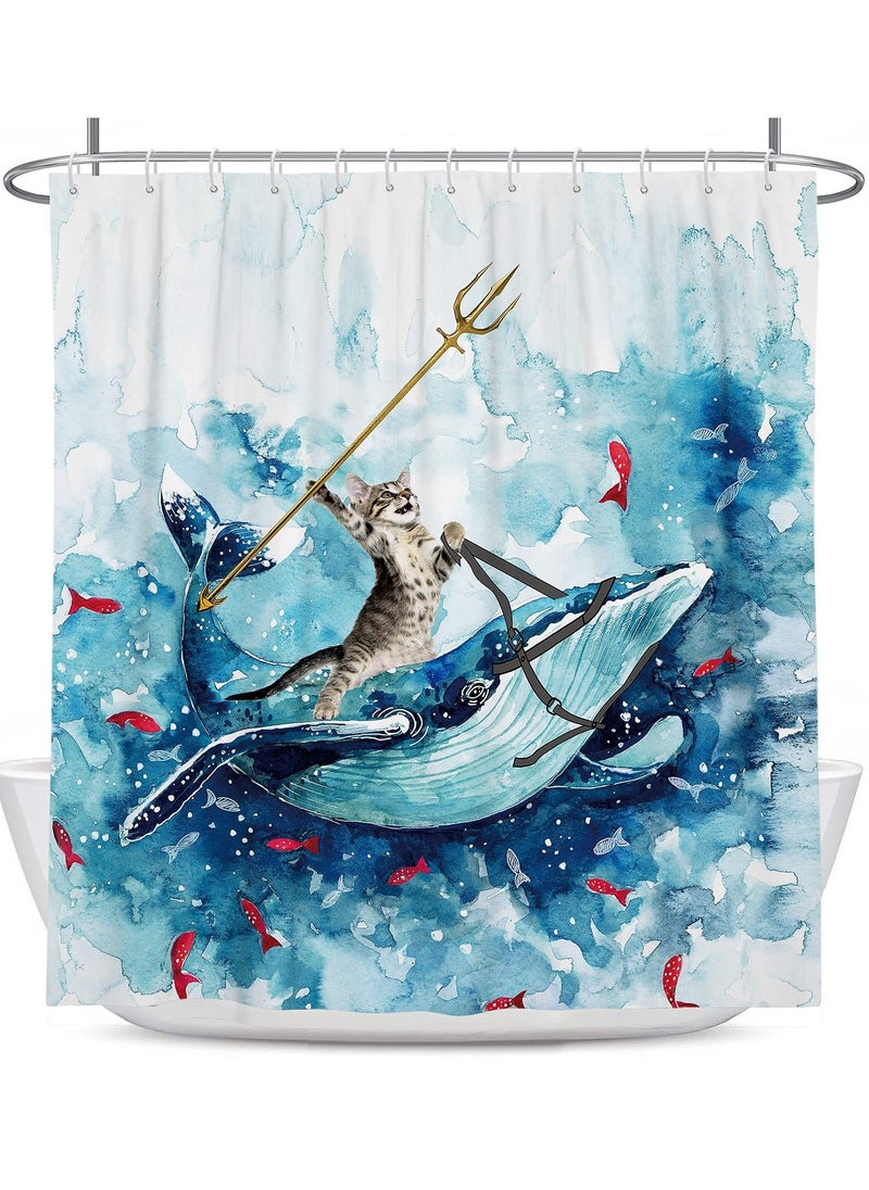 Funny Cat Shower Curtain, Riding Whale Ocean Cute Fun Cool Kids Anime Nautical Beach Theme Sea Wave Beach Fish Hilarious Bathroom 60 x 72 Inch Polyester Fabric Waterproof 12 Pack Hooks - Image 1