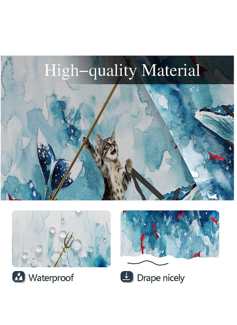 Funny Cat Shower Curtain, Riding Whale Ocean Cute Fun Cool Kids Anime Nautical Beach Theme Sea Wave Beach Fish Hilarious Bathroom 60 x 72 Inch Polyester Fabric Waterproof 12 Pack Hooks - Image 4
