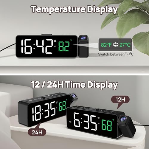 Netzu Projection Alarm Clock for Bedroom Ceiling, Small Compact Plug-in Digital Clocks with 180° Rotatable Projector, Temperature 4 Levels Birghtness, 3 Volumes and Snooze (Black) - Image 5