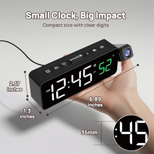 Netzu Projection Alarm Clock for Bedroom Ceiling, Small Compact Plug-in Digital Clocks with 180° Rotatable Projector, Temperature 4 Levels Birghtness, 3 Volumes and Snooze (Black) - Image 2