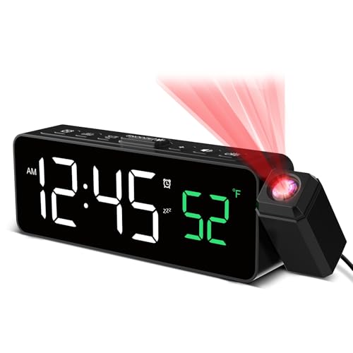 Netzu Projection Alarm Clock for Bedroom Ceiling, Small Compact Plug-in Digital Clocks with 180° Rotatable Projector, Temperature 4 Levels Birghtness, 3 Volumes and Snooze (Black) - Image 1