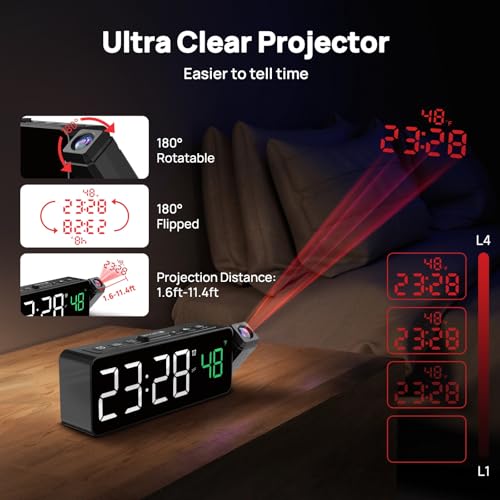 Netzu Projection Alarm Clock for Bedroom Ceiling, Small Compact Plug-in Digital Clocks with 180° Rotatable Projector, Temperature 4 Levels Birghtness, 3 Volumes and Snooze (Black) - Image 3