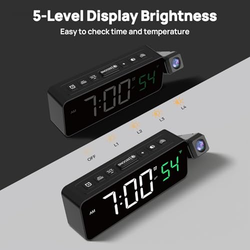 Netzu Projection Alarm Clock for Bedroom Ceiling, Small Compact Plug-in Digital Clocks with 180° Rotatable Projector, Temperature 4 Levels Birghtness, 3 Volumes and Snooze (Black) - Image 4