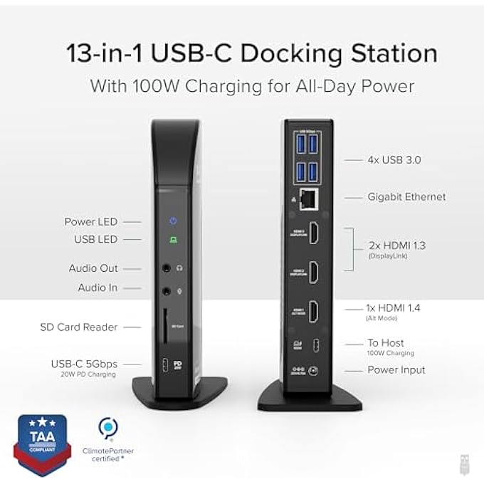 Plugable USB-C TRIPLE DISPLAY DOCKING STATION WITH CHARGING SUPPORT/POWER DELIVERY FOR COMPATIBLE WINDOWS USB C AND THUNDERBOLT 3 COMPUTERS. - Image 2