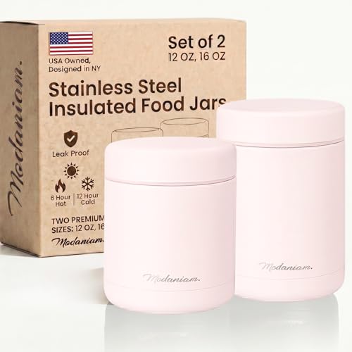 Modaniam Stainless Steel Insulated Food Jar Set of 2 (16oz + 12oz), Wide Mouth, Soup Thermo for Hot Food, Lunch Container, Insulated Soup Bowl, Hot and Cold Insulated Lunch Box, Pink - Image 1