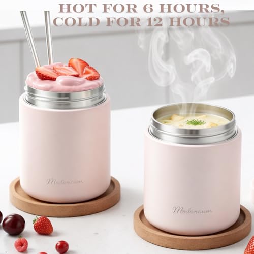 Modaniam Stainless Steel Insulated Food Jar Set of 2 (16oz + 12oz), Wide Mouth, Soup Thermo for Hot Food, Lunch Container, Insulated Soup Bowl, Hot and Cold Insulated Lunch Box, Pink - Image 3