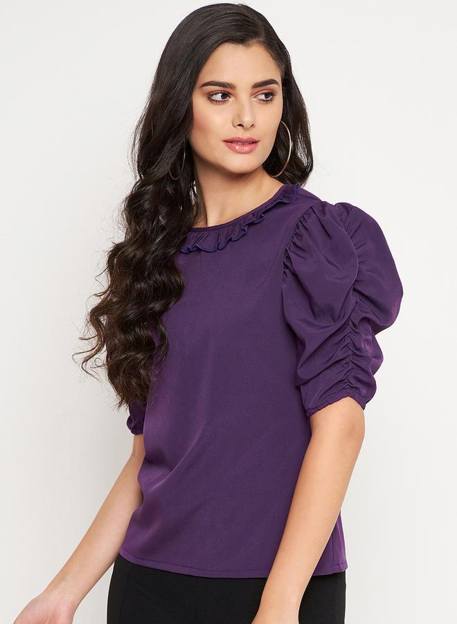WineRed Women  Purple Ruffle Neck Top - Image 1