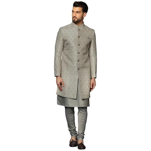 KISAH Men's Grey Indo-Western Kurta Sherwani Churidar Set Cotton Full Sleaves, Knee Length, Straight, Regular Fit, Mandarin Collar Ethnic Casual - Image 1