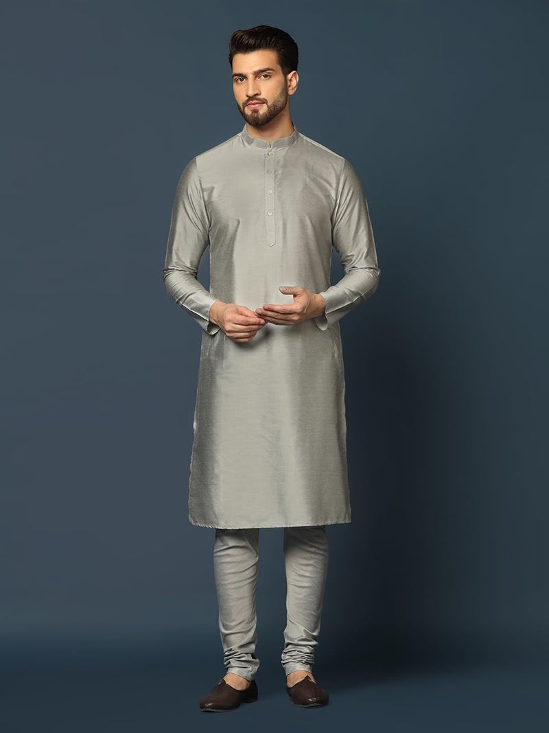 KISAH Men's Grey Indo-Western Kurta Sherwani Churidar Set Cotton Full Sleaves, Knee Length, Straight, Regular Fit, Mandarin Collar Ethnic Casual - Image 2