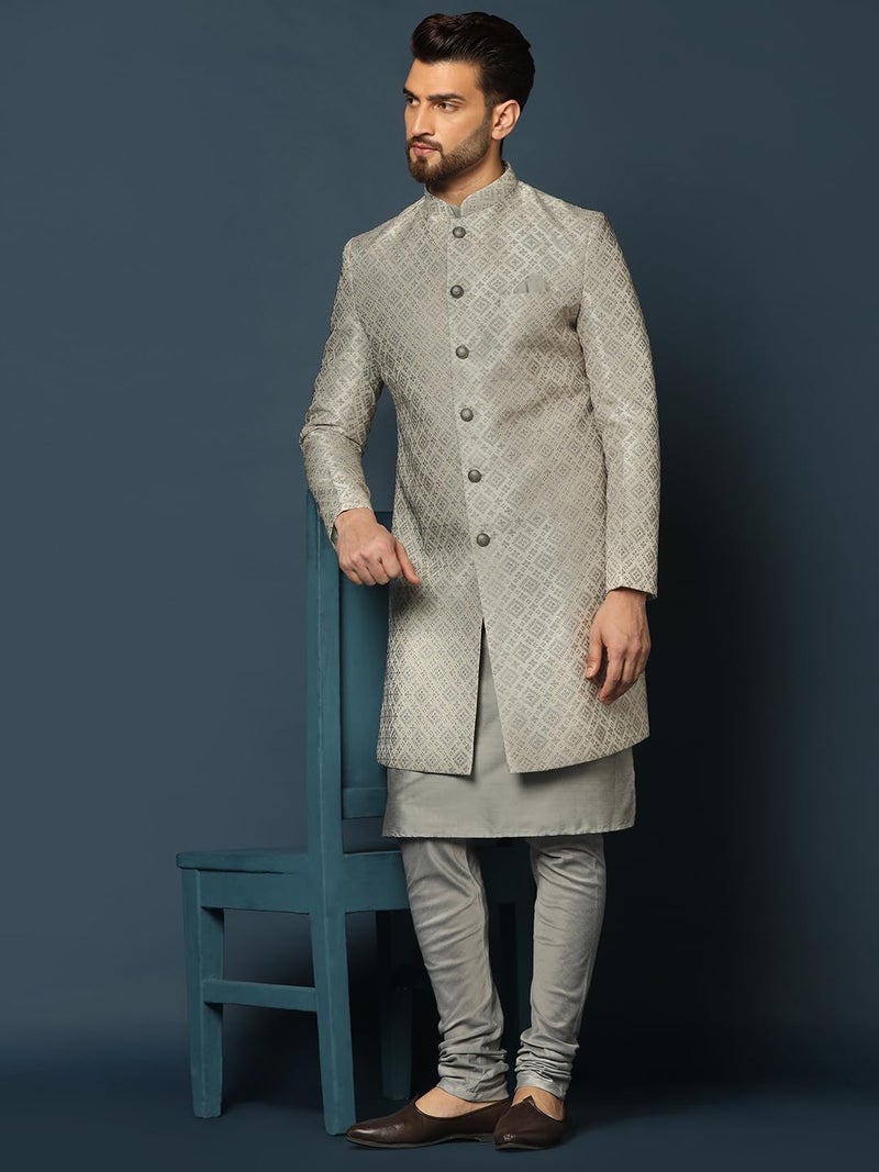 KISAH Men's Grey Indo-Western Kurta Sherwani Churidar Set Cotton Full Sleaves, Knee Length, Straight, Regular Fit, Mandarin Collar Ethnic Casual - Image 5