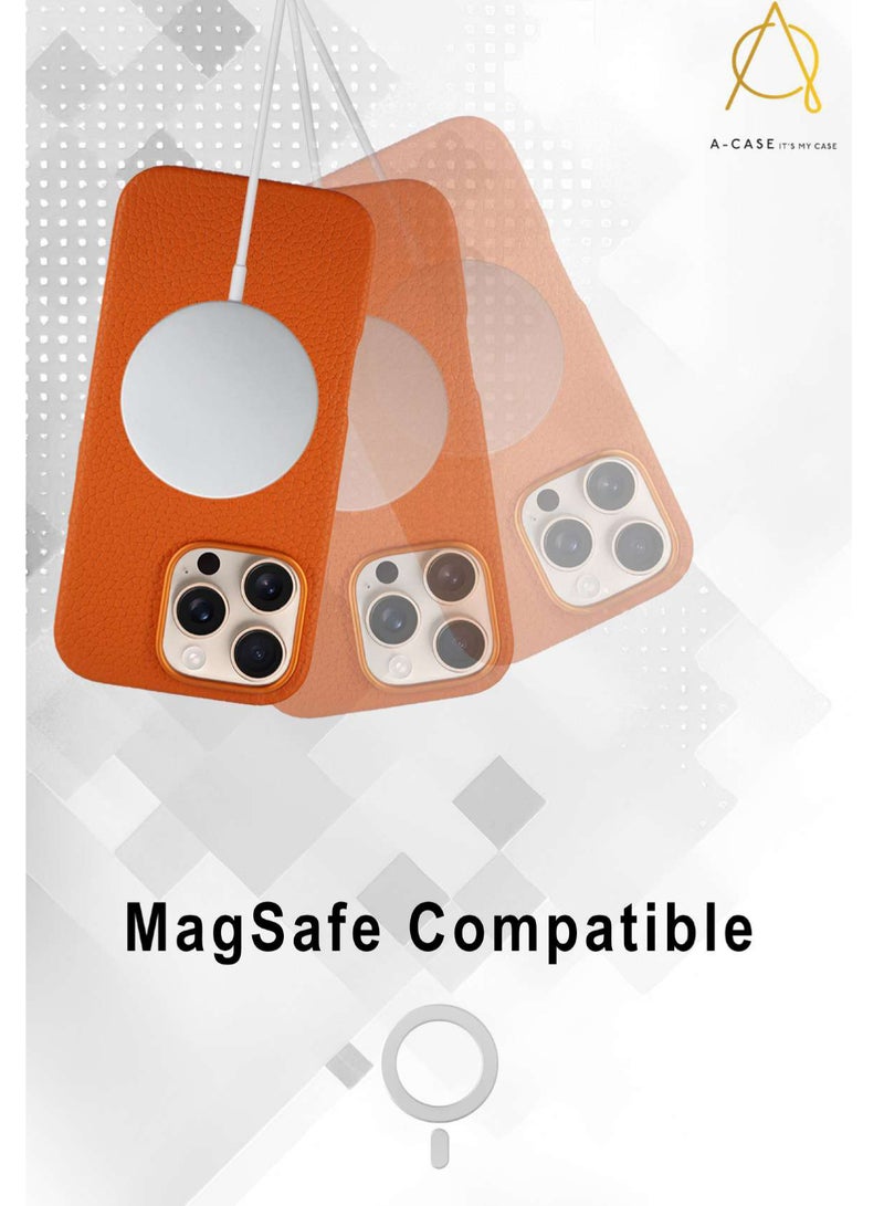 A-Case إنها حالتي سلسلة AMUR، حقيبة جلدية أصلية مغناطيسية، متوافقة مع MagSafe، تصميم نحيف وحماية للكاميرا، لهاتف iPhone 16 Pro Max – برتقالي - Image 3