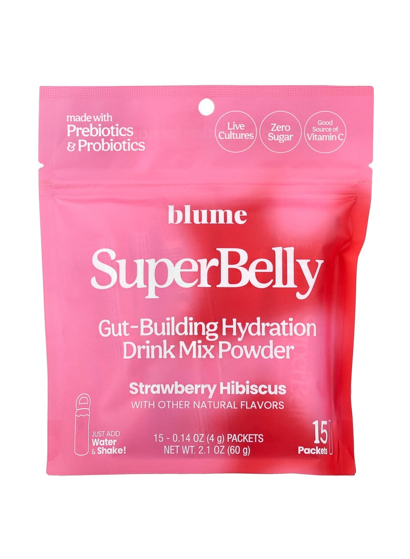 Blume SuperBelly, Gut-Building Hydration Drink Mix Powder, Strawberry Hibiscus, 15 Packets, 0.14 oz (4 g) Each - Image 1
