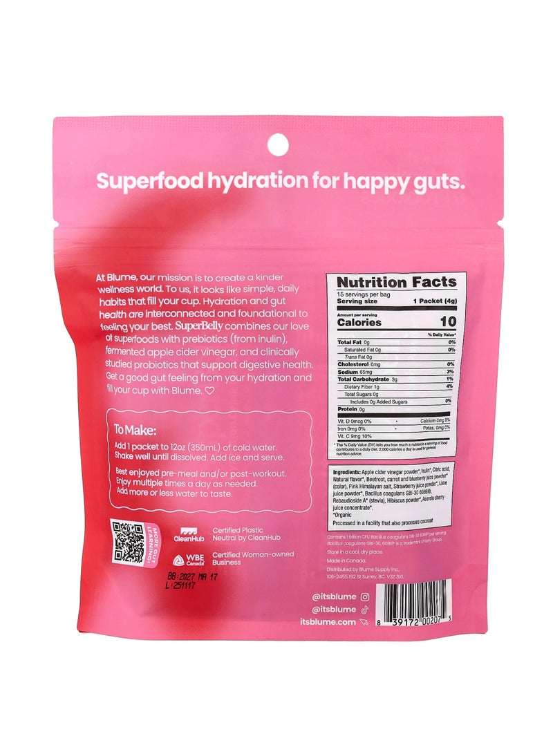 Blume SuperBelly, Gut-Building Hydration Drink Mix Powder, Strawberry Hibiscus, 15 Packets, 0.14 oz (4 g) Each - Image 2