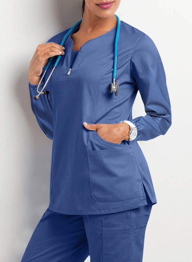 Solid V Neck Medical Scrubs Set，Medical Uniform Stretch Contrast Binding Top - Image 1