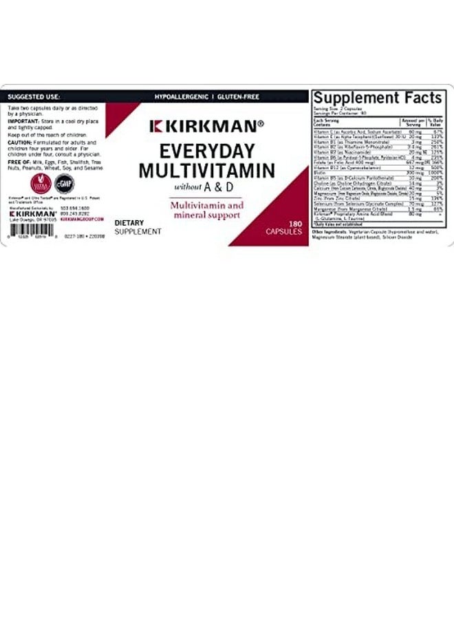 Kirkman - Everyday Multivitamin Without Vitamins A & D 180 Capsules Comprehensive Multivitamin Mineral Support Hypoallergenic - Image 1