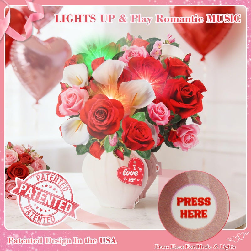 XTF2015 Anniversary Card, Pop Up Birthday Cards 11 Inch Forever Flower Bouquet with Music & Lights, Red Roses & White Calla Lilies, Anniversary Birthday Mothers Day Gift Card for Women, Wife, Girlfriend, Lover - Image 2