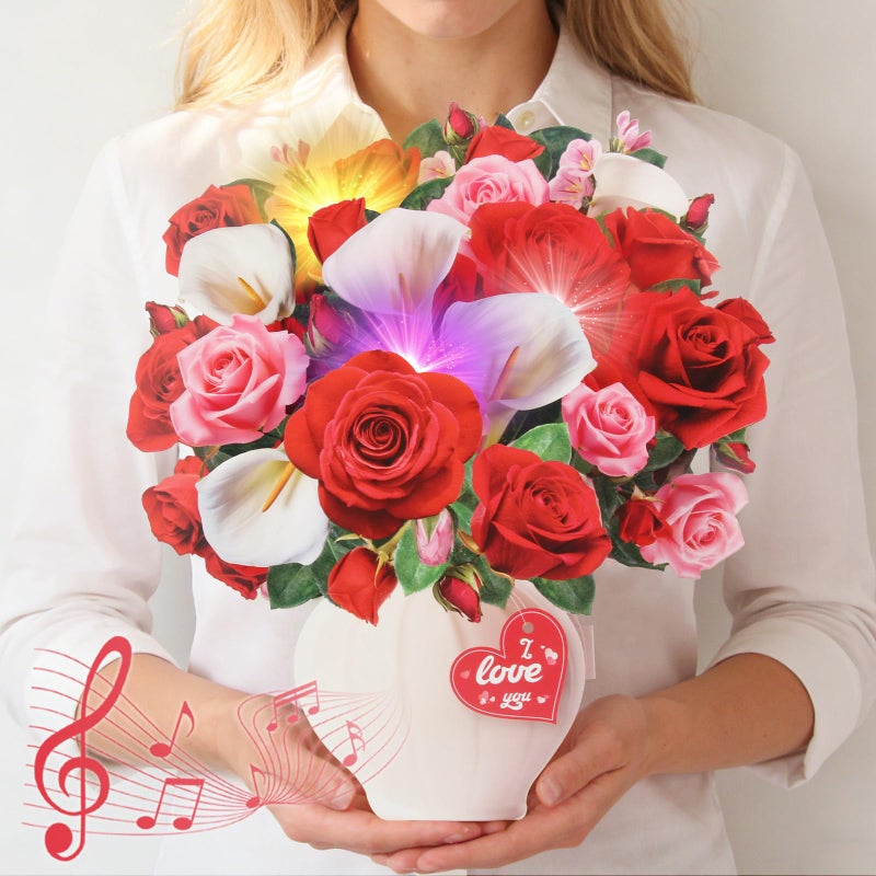 XTF2015 Anniversary Card, Pop Up Birthday Cards 11 Inch Forever Flower Bouquet with Music & Lights, Red Roses & White Calla Lilies, Anniversary Birthday Mothers Day Gift Card for Women, Wife, Girlfriend, Lover - Image 1