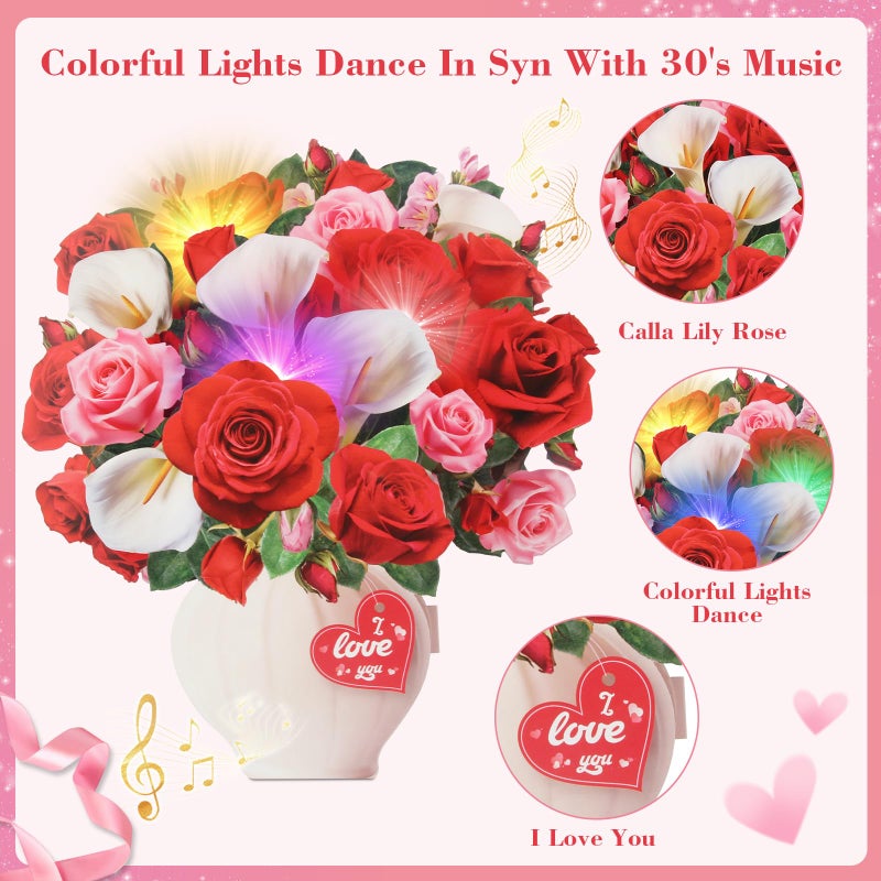 XTF2015 Anniversary Card, Pop Up Birthday Cards 11 Inch Forever Flower Bouquet with Music & Lights, Red Roses & White Calla Lilies, Anniversary Birthday Mothers Day Gift Card for Women, Wife, Girlfriend, Lover - Image 3