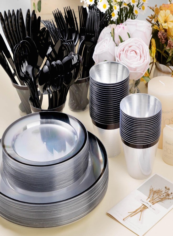 BESTSTAR 350PCS Black and Clear Plastic Dinnerware Sets for 50 Guests, Include 100 Black Disposable Plates, 100 Forks, 50 Knives, 50 Spoons, 50 Cups,Halloween - Image 5
