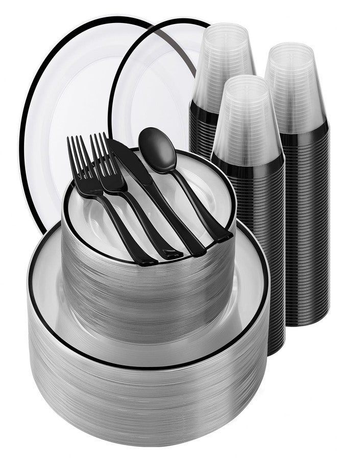 BESTSTAR 350PCS Black and Clear Plastic Dinnerware Sets for 50 Guests, Include 100 Black Disposable Plates, 100 Forks, 50 Knives, 50 Spoons, 50 Cups,Halloween - Image 1