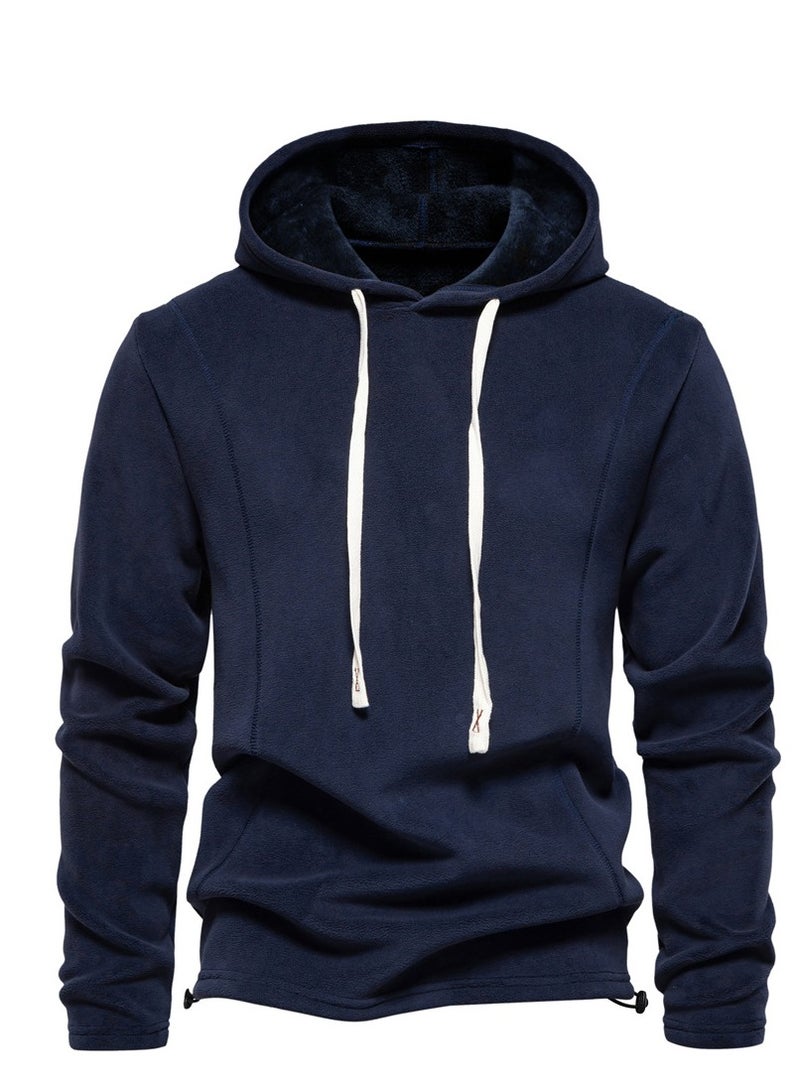 Loquat Men's Autumn And Winter Standing Collar Long Sleeved Hoodie Fleece Top Navy Blue  - Image 1