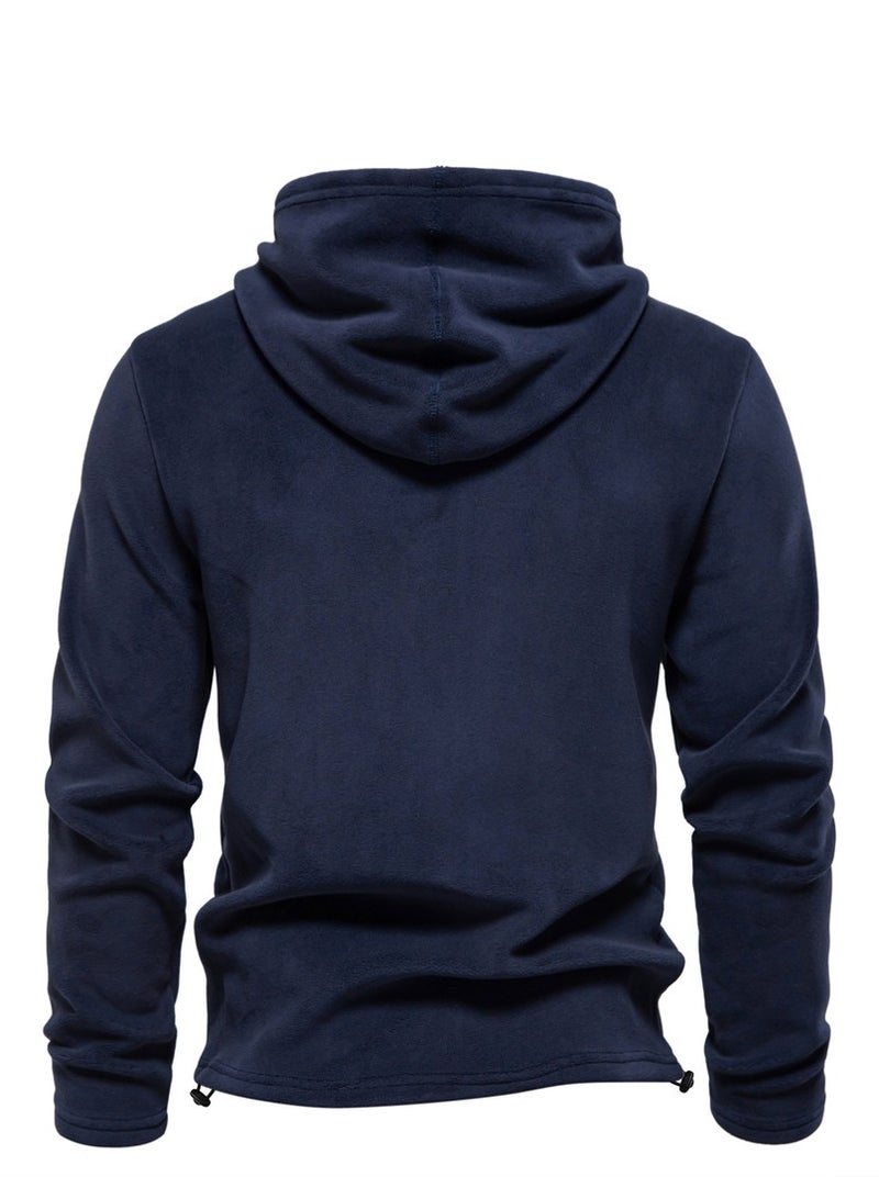Loquat Men's Autumn And Winter Standing Collar Long Sleeved Hoodie Fleece Top Navy Blue  - Image 2