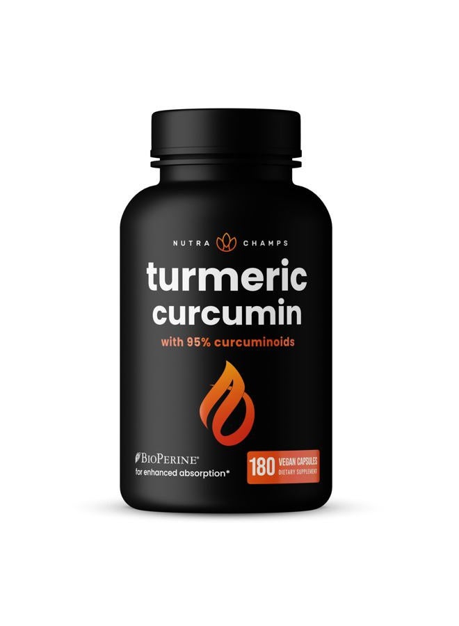 NutraChamps Turmeric Curcumin with Black Pepper Extract 1500mg, 95% Curcuminoids Extra Strength Turmeric Supplement for Joint Health, Brain, Heart & Immune Support, 180 Turmeric Capsules - Image 1