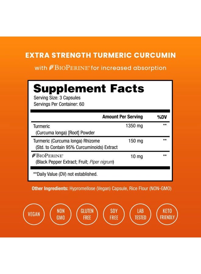 NutraChamps Turmeric Curcumin with Black Pepper Extract 1500mg, 95% Curcuminoids Extra Strength Turmeric Supplement for Joint Health, Brain, Heart & Immune Support, 180 Turmeric Capsules - Image 2