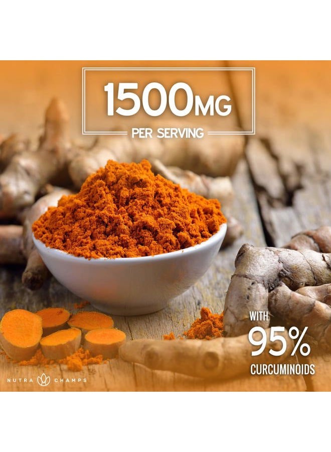 NutraChamps Turmeric Curcumin with Black Pepper Extract 1500mg, 95% Curcuminoids Extra Strength Turmeric Supplement for Joint Health, Brain, Heart & Immune Support, 180 Turmeric Capsules - Image 4