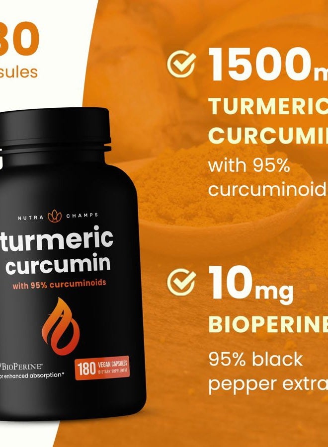 NutraChamps Turmeric Curcumin with Black Pepper Extract 1500mg, 95% Curcuminoids Extra Strength Turmeric Supplement for Joint Health, Brain, Heart & Immune Support, 180 Turmeric Capsules - Image 3